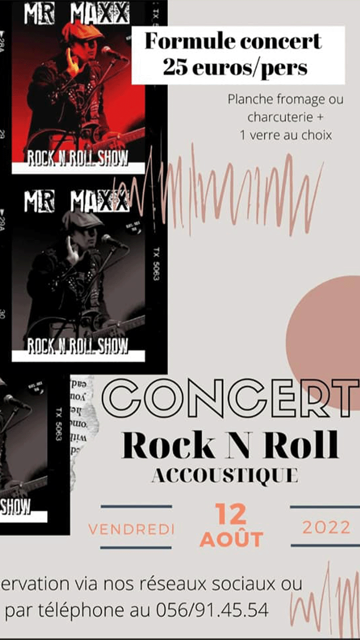 Mr Maxx en concert Rock'n'Roll accoustique au VB le 12 août 2022. 
Comme d'habitude, notre formule concert + planche fromage ou charcuterie + 1 verre au choix pour 25 euros.
Ne manquez pas cette soirée sous le signe du rock. Inscrivez-vous !!!